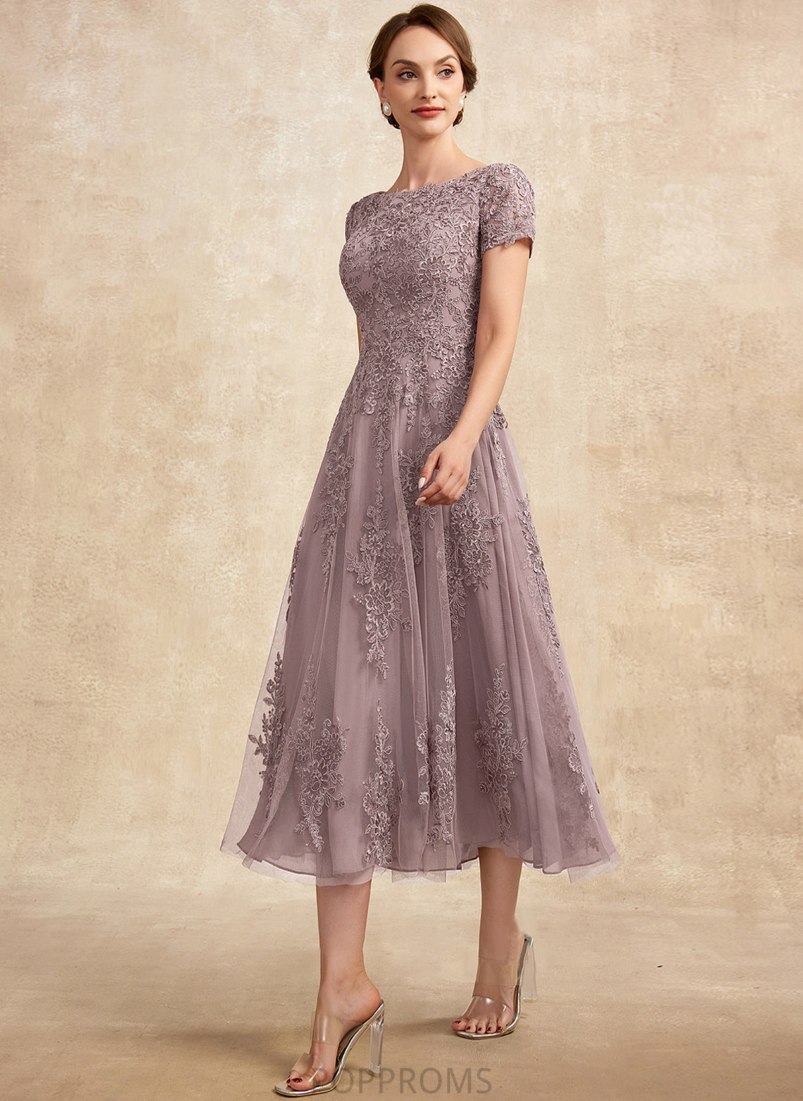 Tulle Tea-Length Dress of Bride Lace Mother the A-Line Mother of the Bride Dresses Neck Aliya Scoop