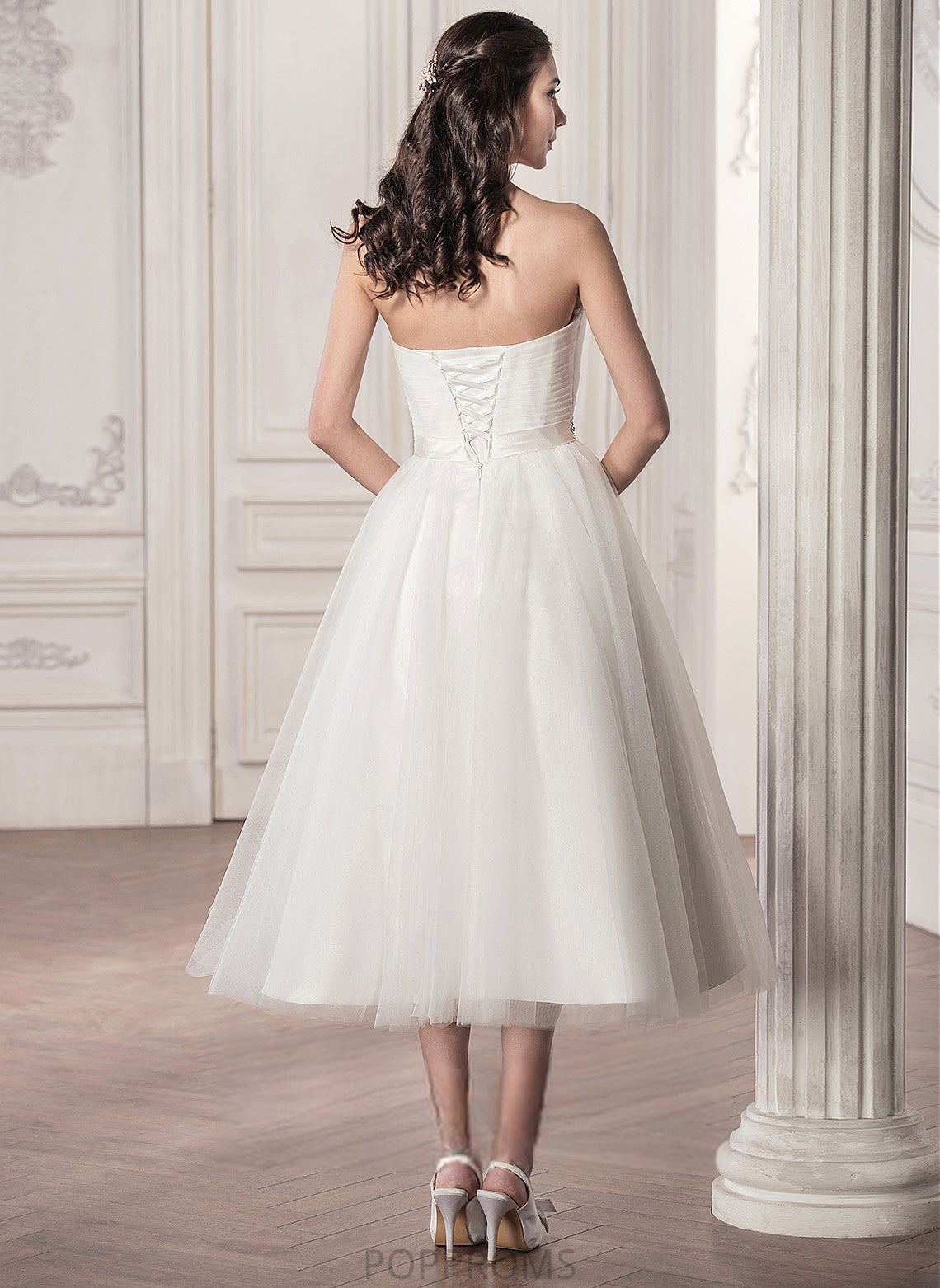 With Sequins Tulle Wedding Wedding Dresses Sweetheart Ruffle Tea-Length Dress Satin A-Line Abbigail Beading