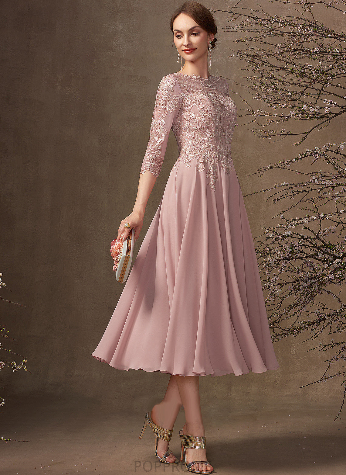 Chiffon Lace Cocktail Tea-Length Sequins Scoop Neck Cocktail Dresses With A-Line Elyse Dress