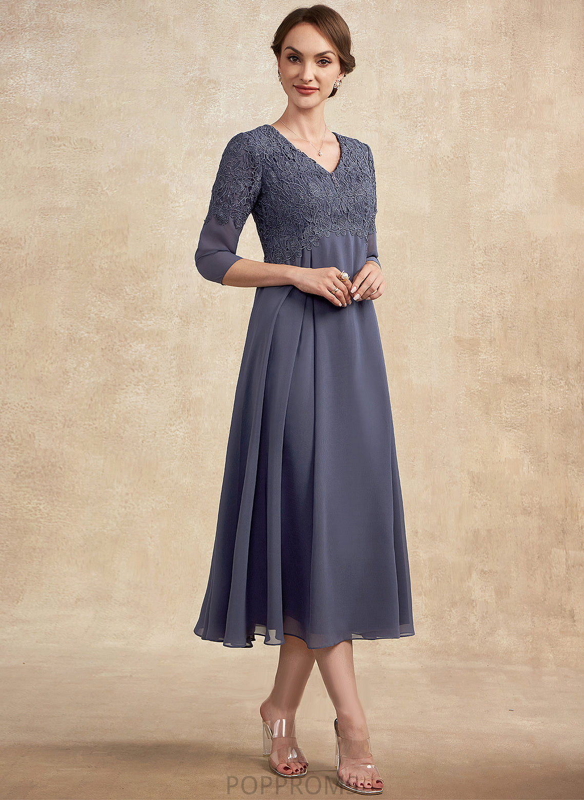 Tea-Length Bride A-Line Lace Beading of V-neck the Mother Dress Kiersten With Mother of the Bride Dresses Chiffon