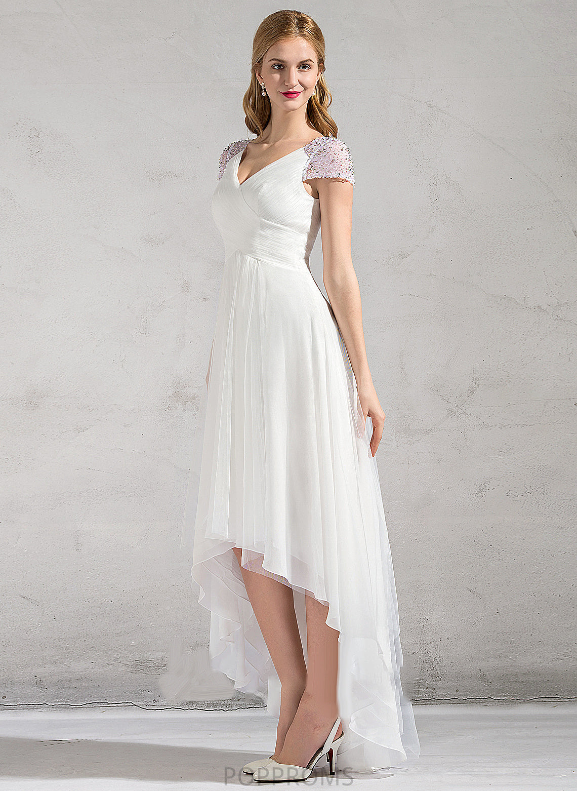 With Beading Sequins Wedding Dresses Dress A-Line Ruffle Wedding V-neck Asymmetrical Tulle Anastasia