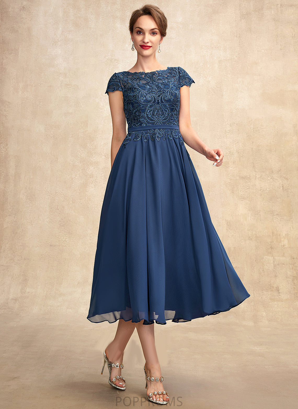 Mother Bride Mother of the Bride Dresses the Dress Scoop of Tea-Length A-Line Chiffon Lace Neck Melina