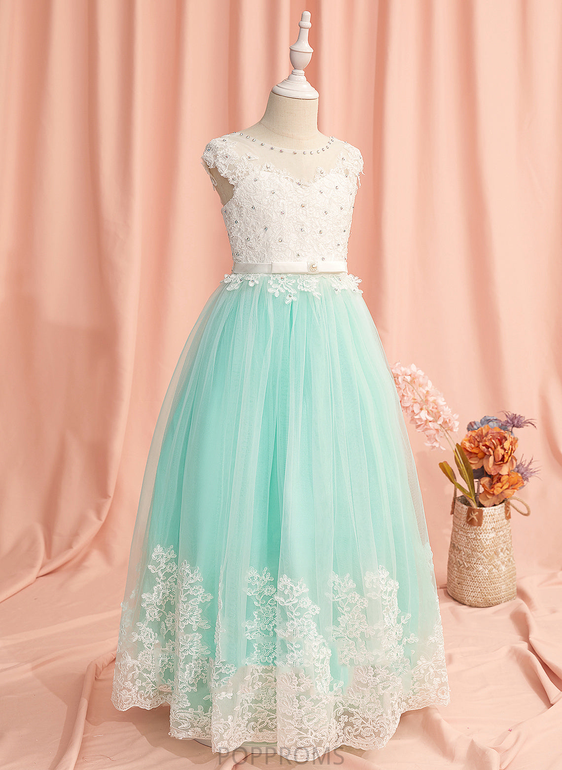 Flower Girl Dresses Flower Tulle Dress Scoop Lace/Beading/Bow(s)/V Back Haylee - Floor-length Ball-Gown/Princess Neck Sleeveless Girl With