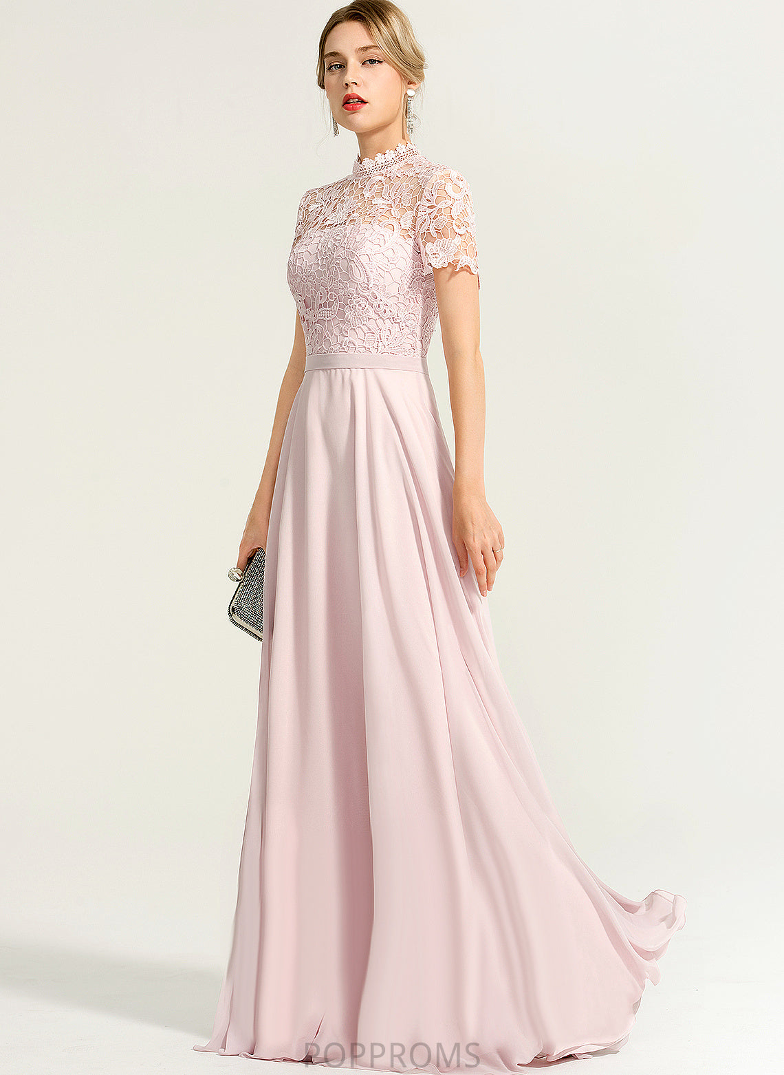 Floor-Length Nola Chiffon A-Line High With Lace Neck Sequins Prom Dresses