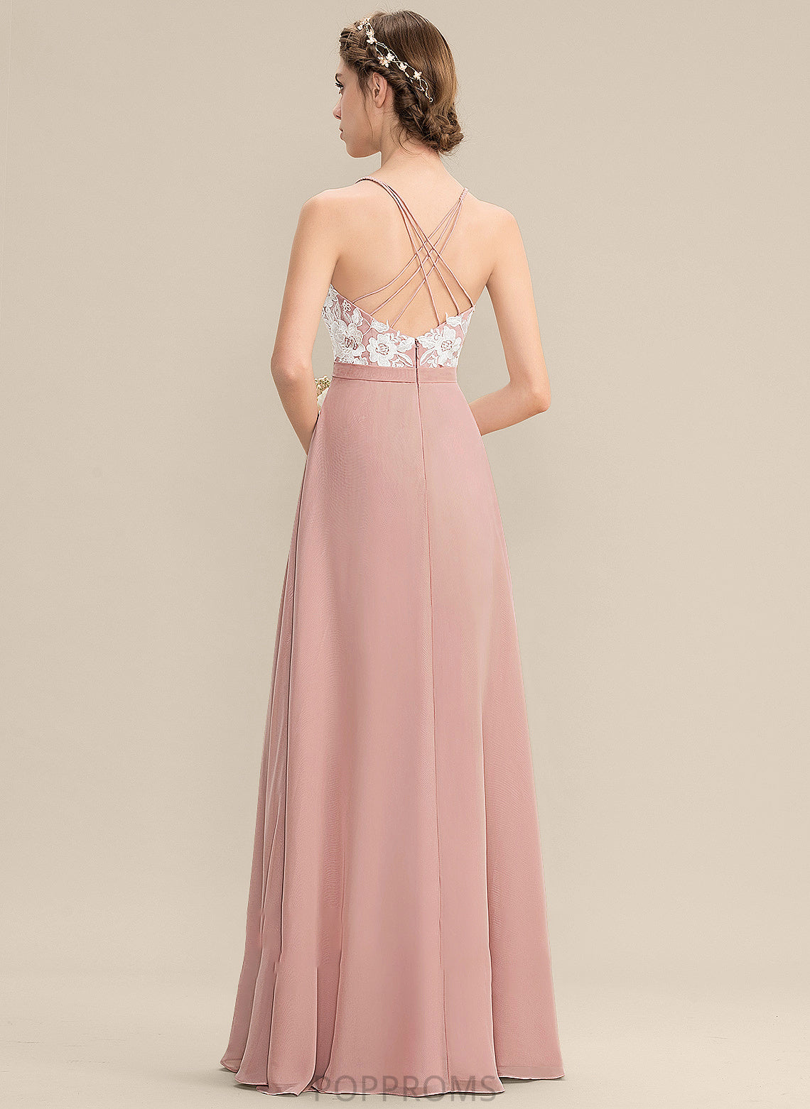 Chiffon With Floor-Length Front Lace Prom Dresses Split Bailey V-neck A-Line