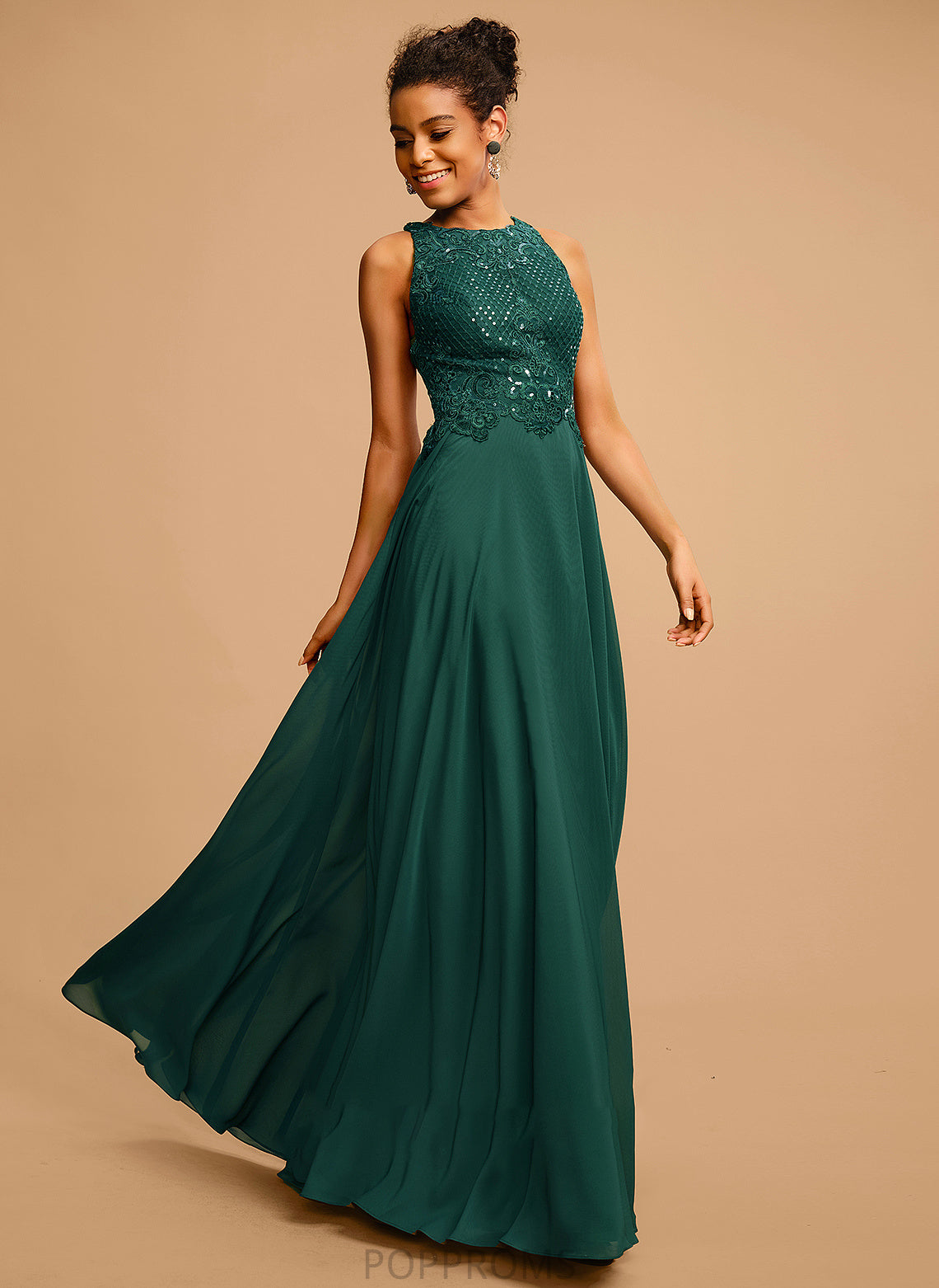 Neck Chiffon Split Prom Dresses Heidy Floor-Length Lace Scoop Sequins A-Line Front With