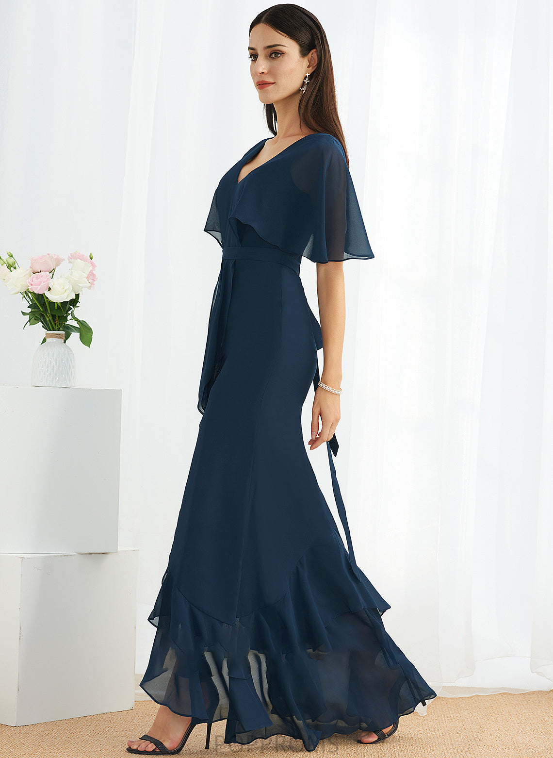 V-neck Embellishment Fabric Silhouette Asymmetrical Length SplitFront Neckline A-Line Gladys Sleeveless Straps Bridesmaid Dresses