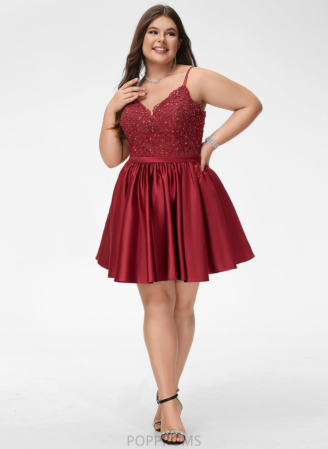 Prom Dresses With Beading Satin Short/Mini Lace V-neck Cheyanne A-Line