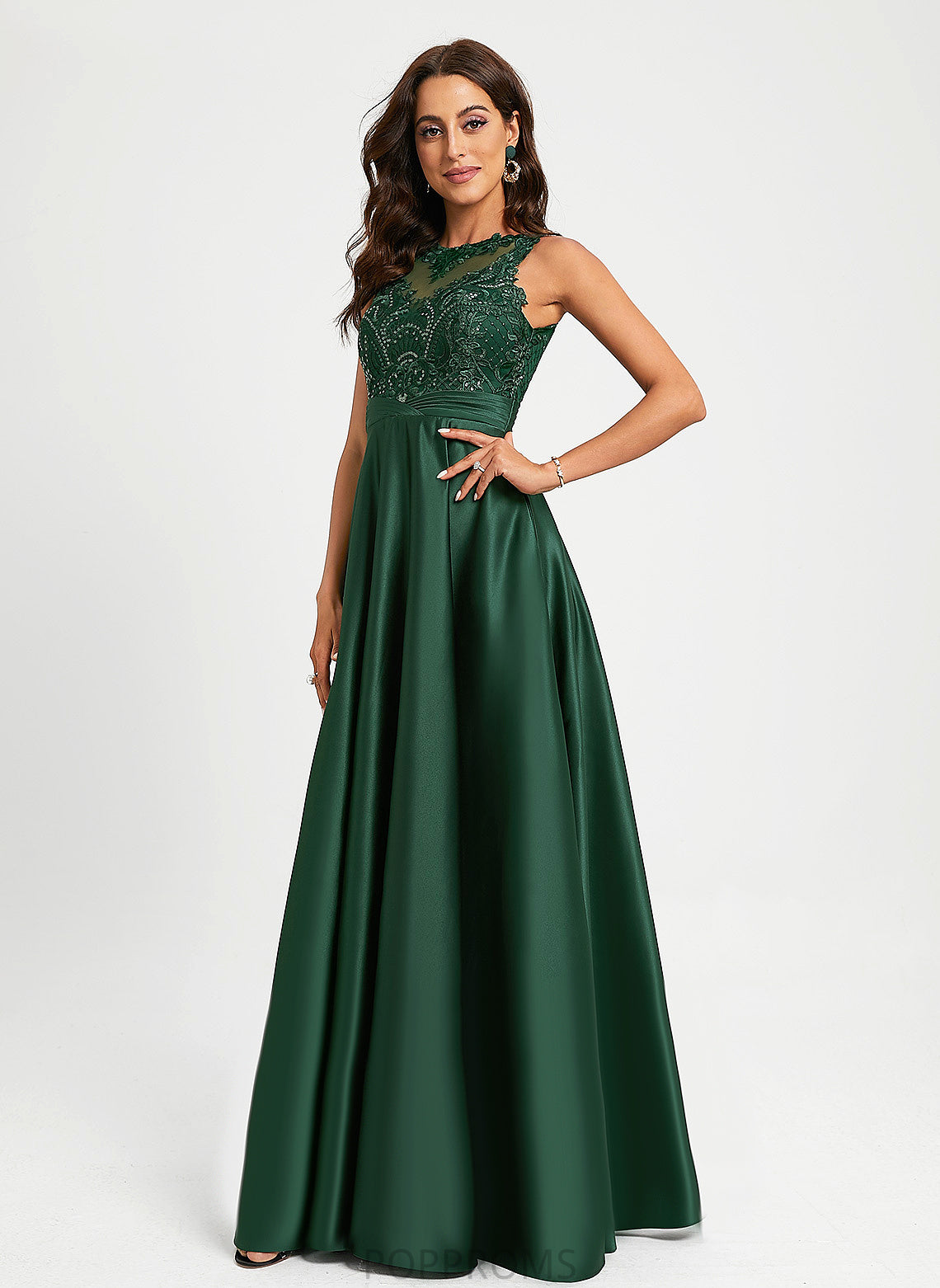 Scoop Lace With Polly Satin Floor-Length Sequins Prom Dresses Ball-Gown/Princess