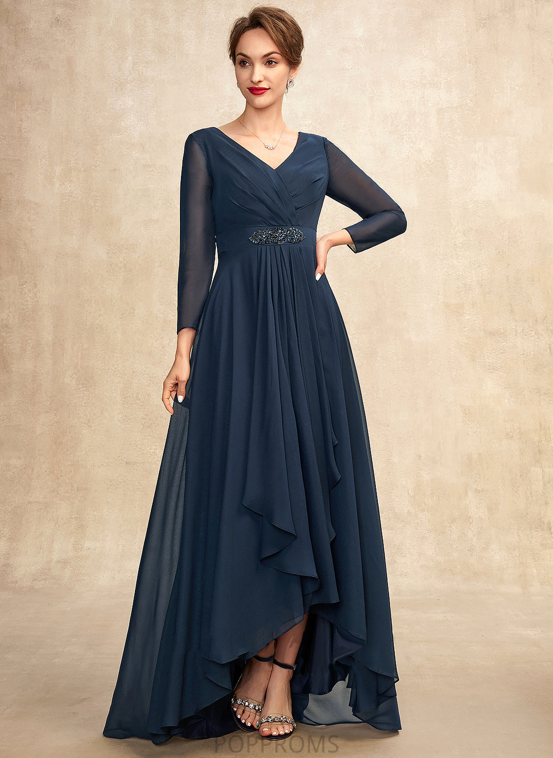 Ruffle Asymmetrical Chiffon the Mother of the Bride Dresses Dress Beading With Leah V-neck Bride of A-Line Mother Bow(s)