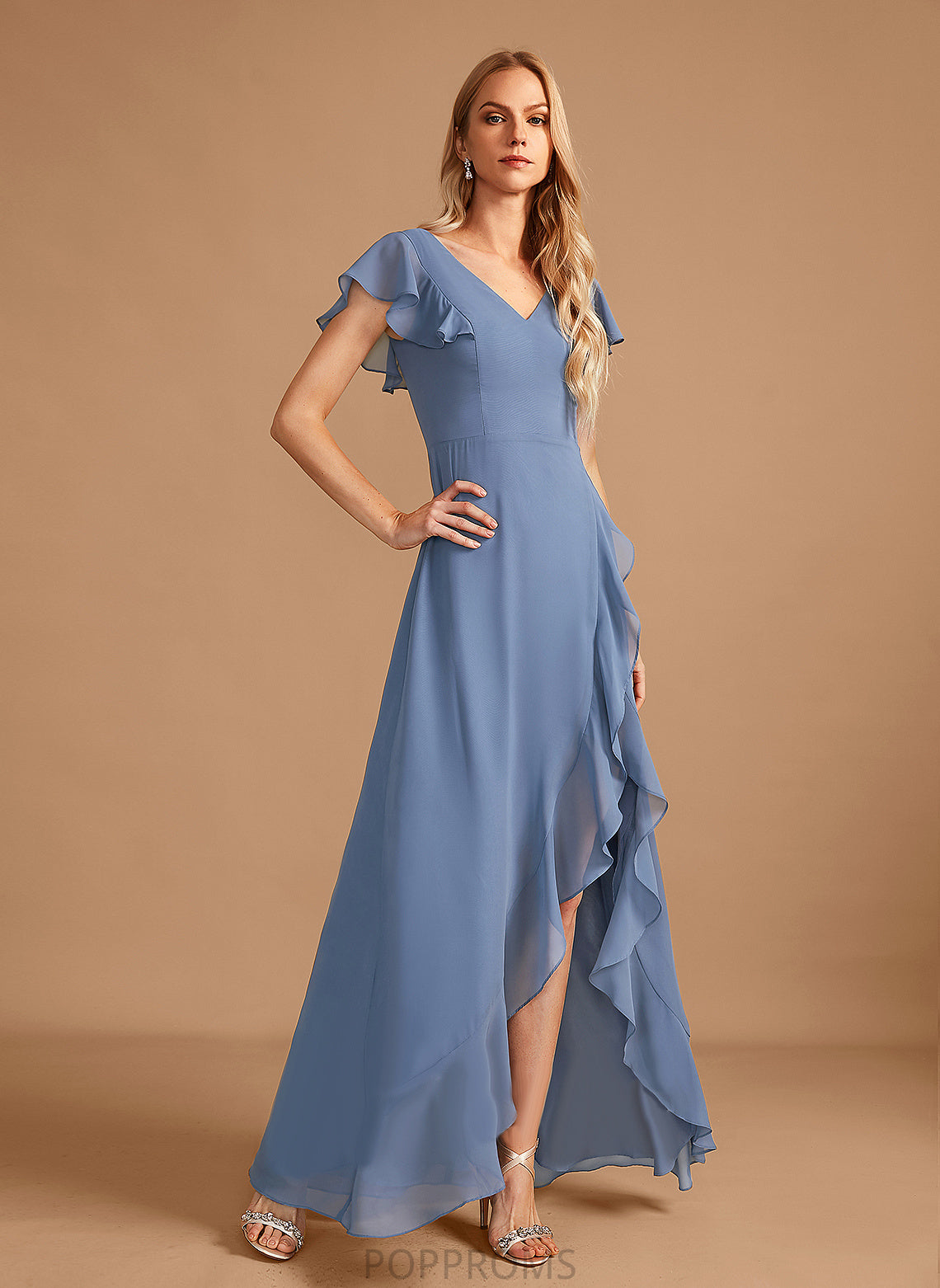 SplitFront Neckline Ruffle Embellishment A-Line Fabric Asymmetrical Silhouette Length V-neck Gertrude A-Line/Princess Bridesmaid Dresses