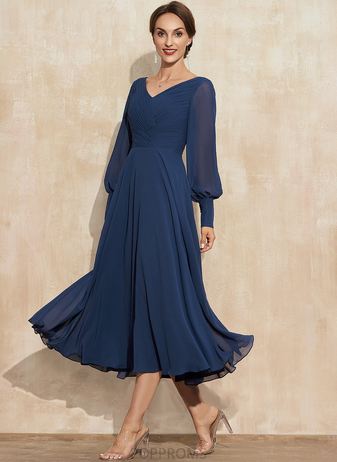 Justine Bride With Chiffon Mother A-Line V-neck the of Mother of the Bride Dresses Tea-Length Ruffle Dress