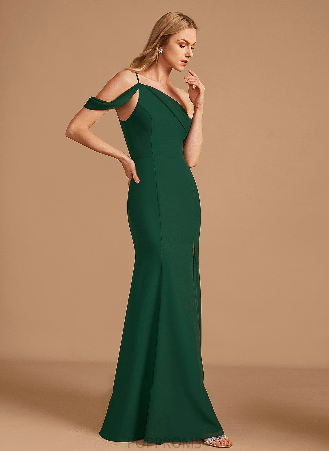 Silhouette Length One-Shoulder Neckline Embellishment Floor-Length Fabric SplitFront Trumpet/Mermaid Kaia One Shoulder Natural Waist Bridesmaid Dresses