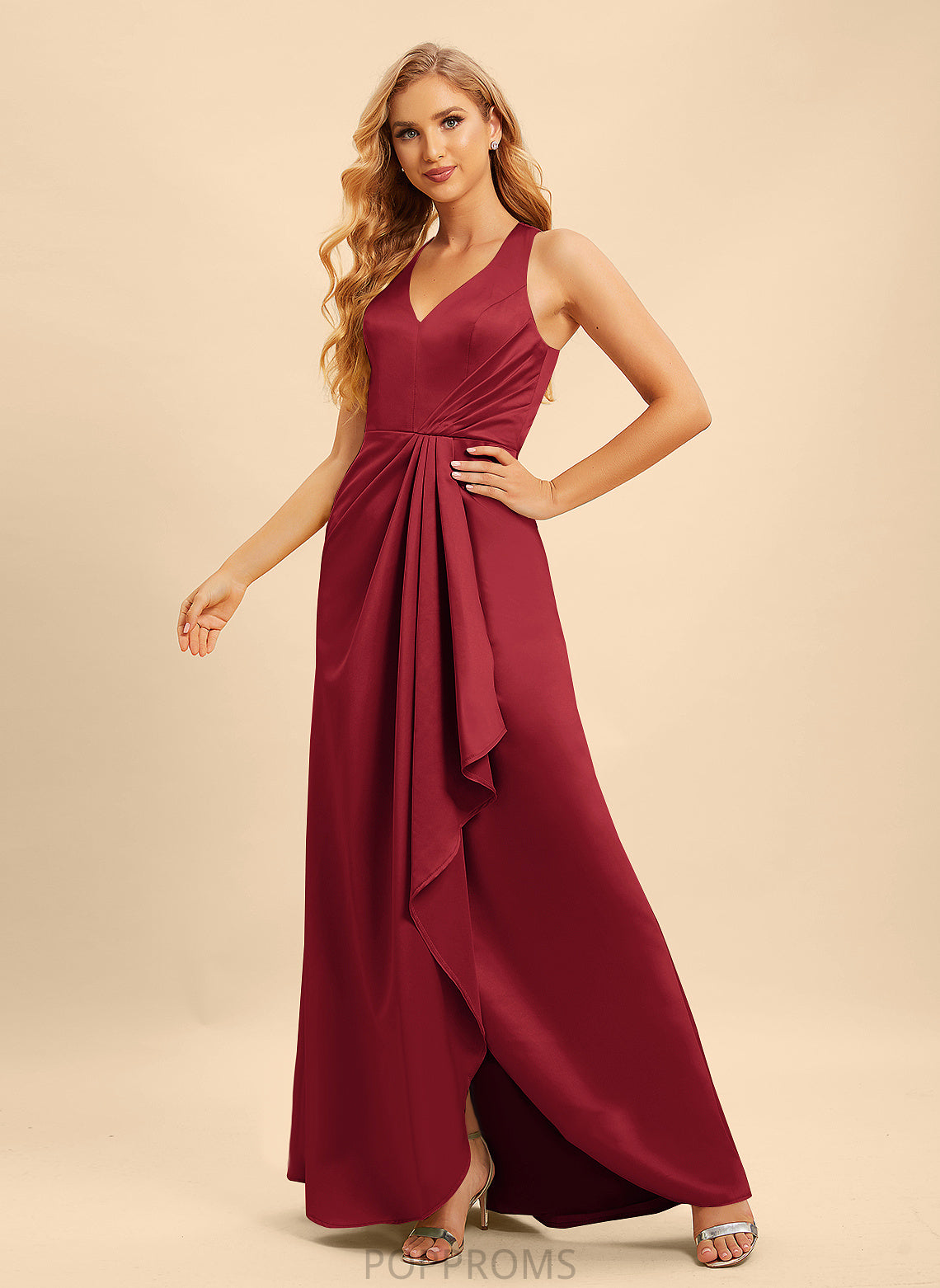 Floor-Length Silhouette Length Neckline Ruffle V-neck Fabric Embellishment SplitFront A-Line Karlee Natural Waist Bridesmaid Dresses