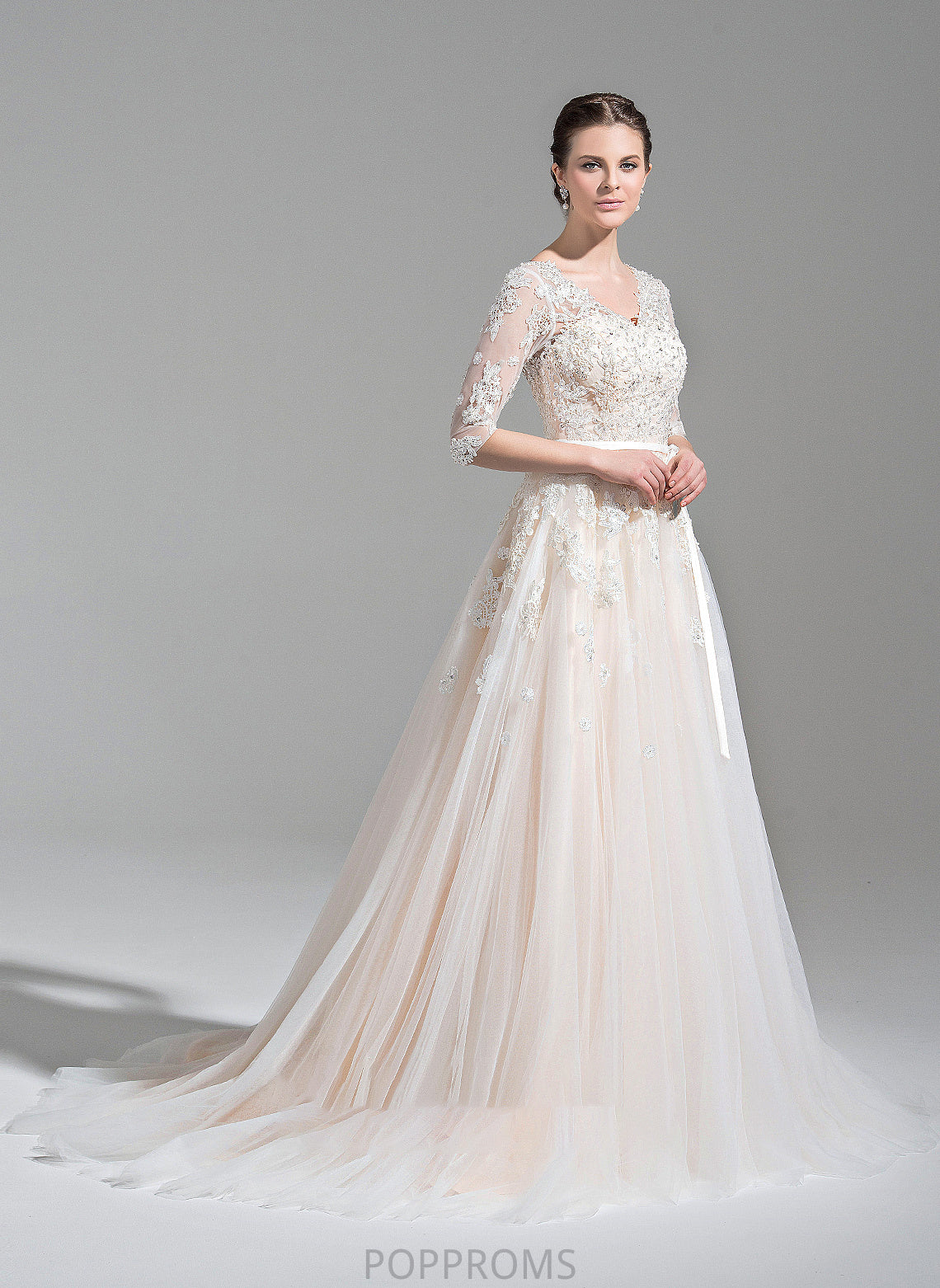 Dress Wedding Dresses V-neck Wedding Sequins Tulle Lace Beading Appliques Court Ball-Gown/Princess With Bow(s) Dania Train