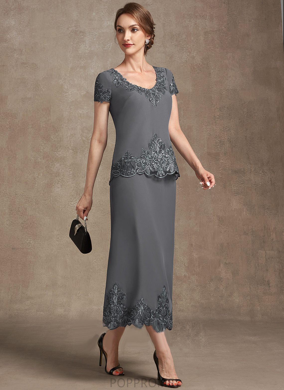 Mother of the Bride Dresses of Sequins Chiffon the A-Line Dress Lace With Scoop Tea-Length Helga Bride Neck Mother