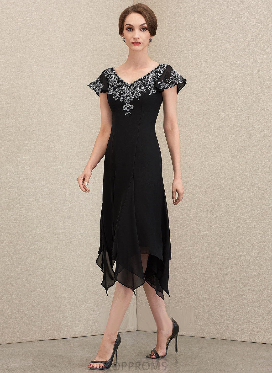 Dress Mother of the Bride Dresses A-Line Chiffon Bride Lace the With of V-neck Tea-Length Sequins Mother Katrina