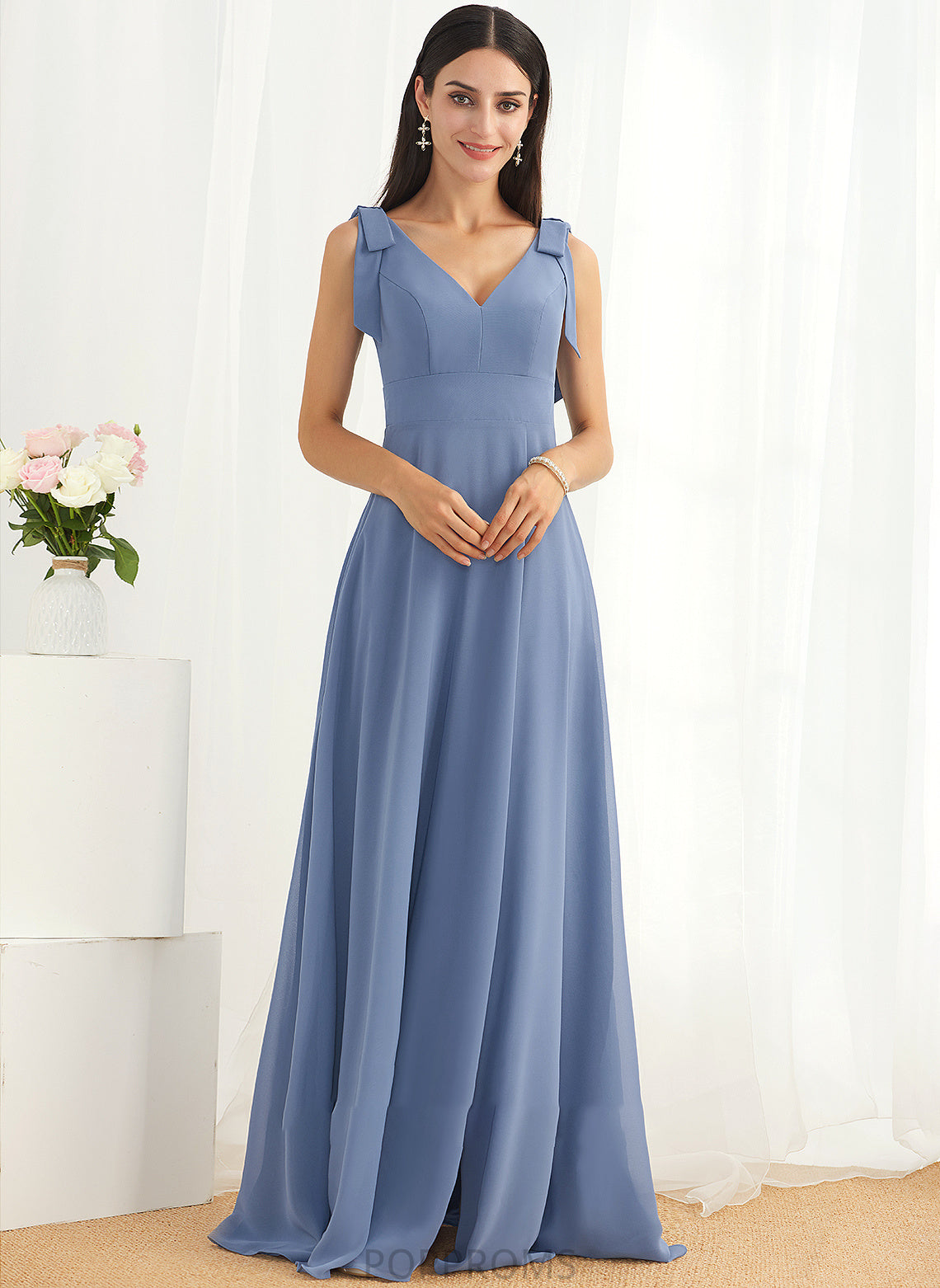 V-neck Floor-Length Neckline Bow(s) Embellishment SplitFront Length A-Line Silhouette Fabric Hanna Scoop Bridesmaid Dresses