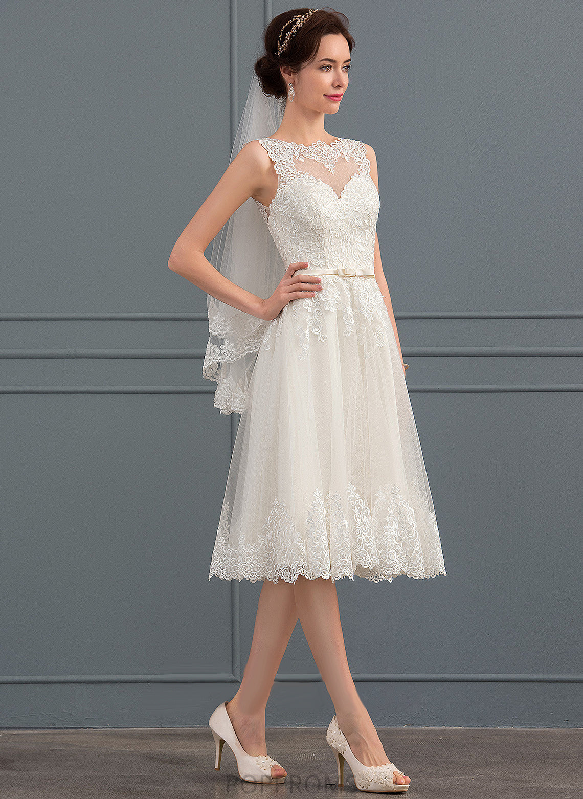 Lace Dress Wedding Bow(s) With Wedding Dresses Satin Tulle A-Line Emely Illusion Knee-Length