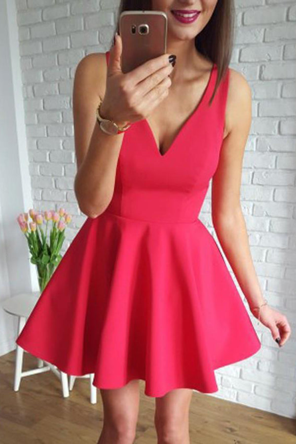 Simple Satin V-neck Neckline Short A-line Homecoming Dresses