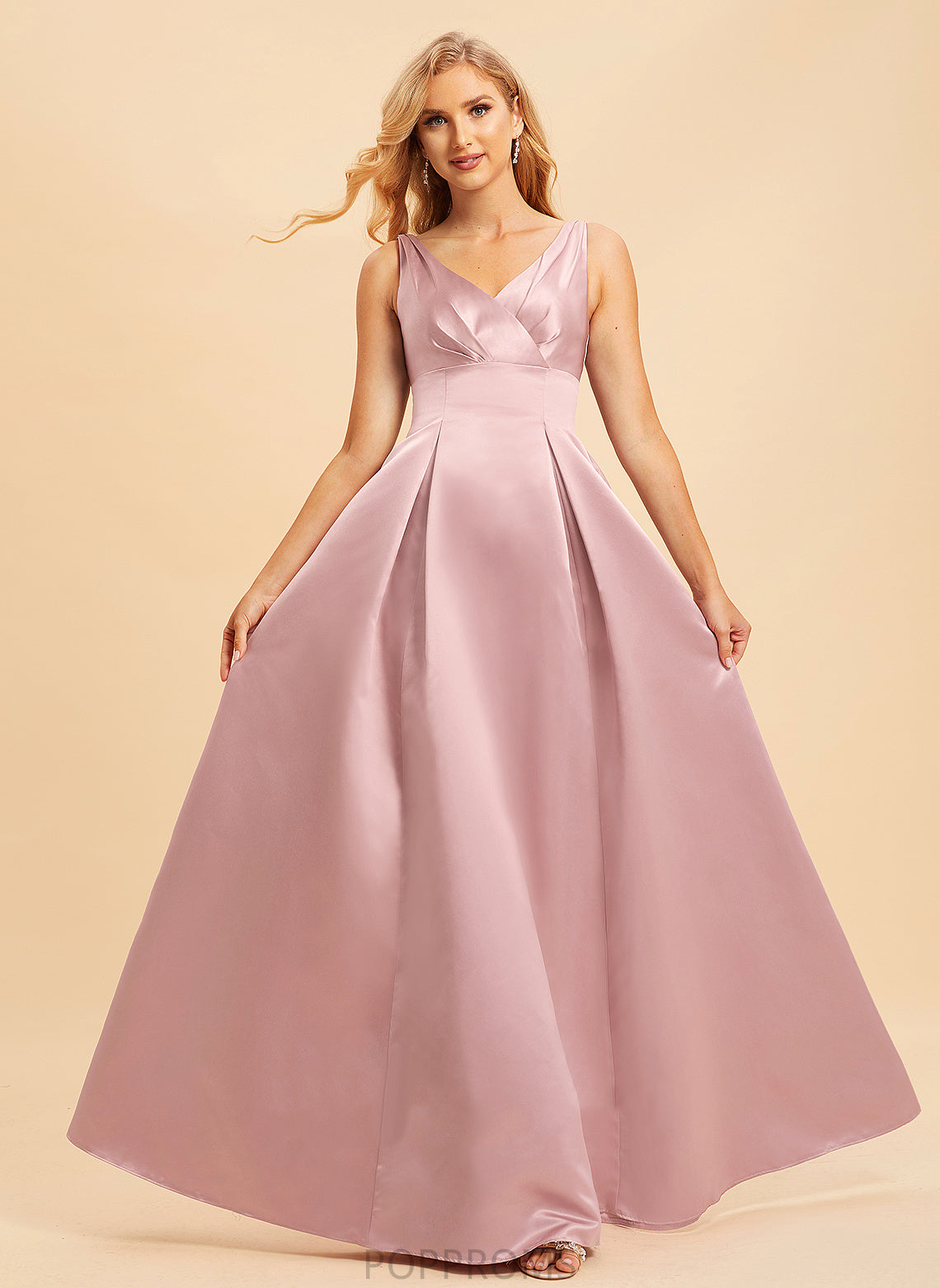 Straps Fabric V-neck A-Line Silhouette Satin Length Neckline Floor-Length Jaden Sleeveless Floor Length Bridesmaid Dresses