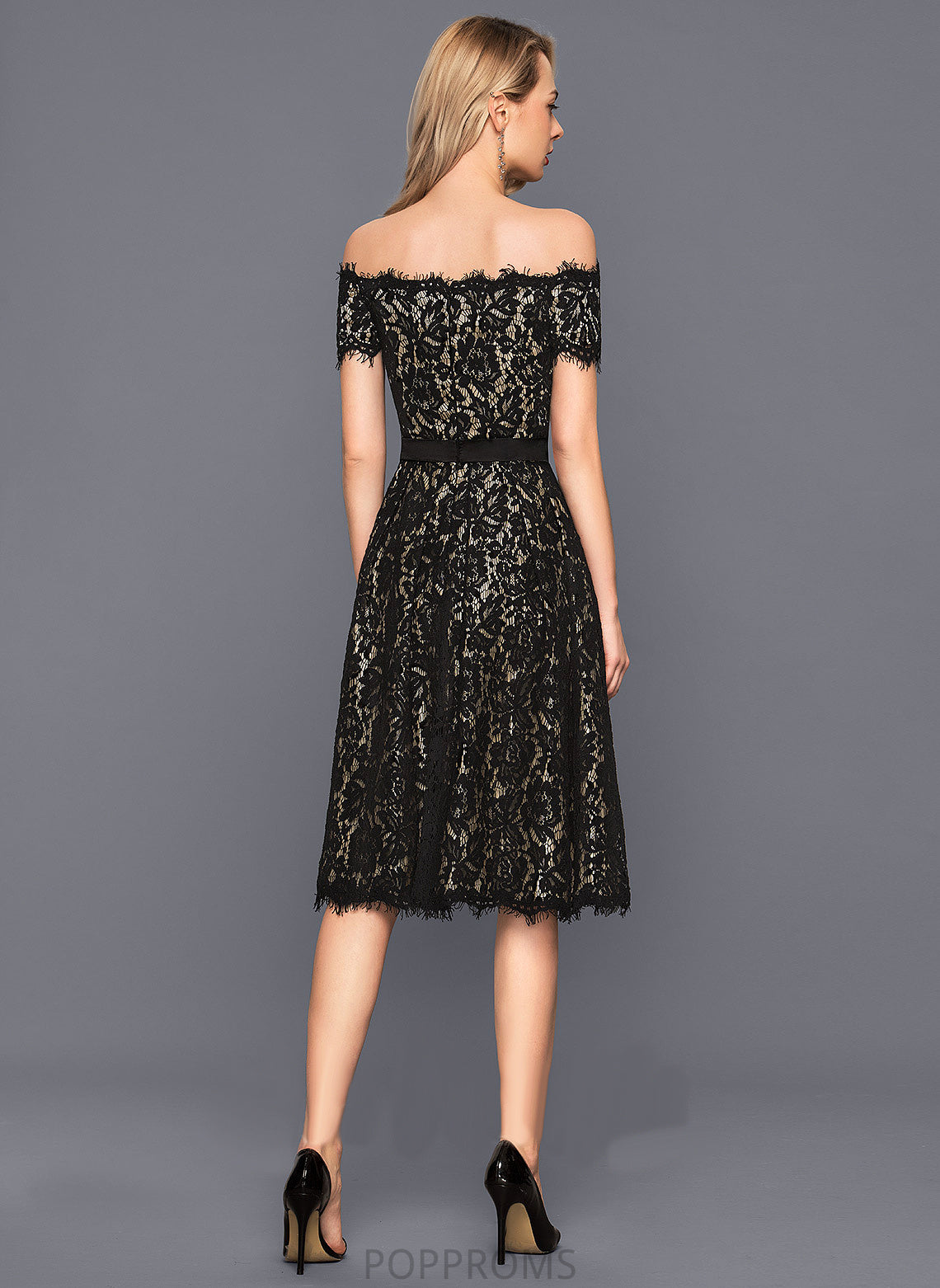 Off-the-Shoulder Charmeuse Liberty Cocktail Lace Knee-Length Cocktail Dresses A-Line Dress