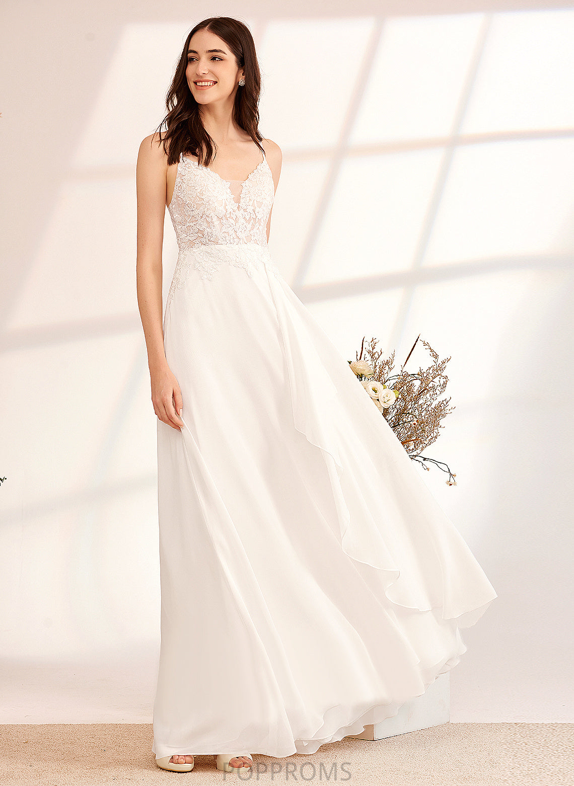 With Sequins Wedding Dress Lucinda Chiffon Lace A-Line Wedding Dresses Floor-Length V-neck