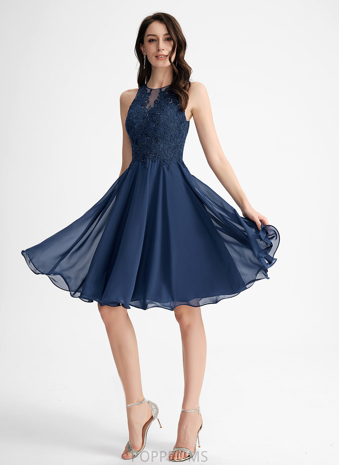 Homecoming Dresses Knee-Length Beading Lana With Lace Neck Dress A-Line Homecoming Chiffon Scoop