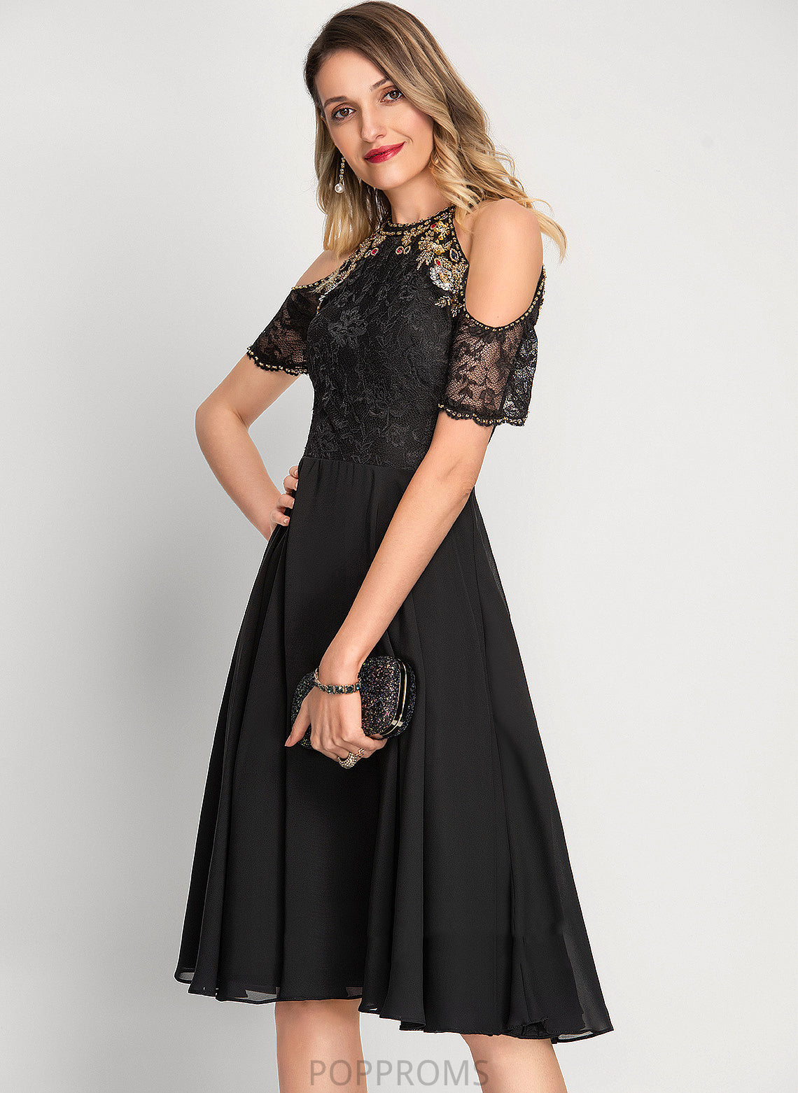 Cherish Beading Chiffon Cocktail With Sequins A-Line Lace Scoop Dress Cocktail Dresses Neck Knee-Length