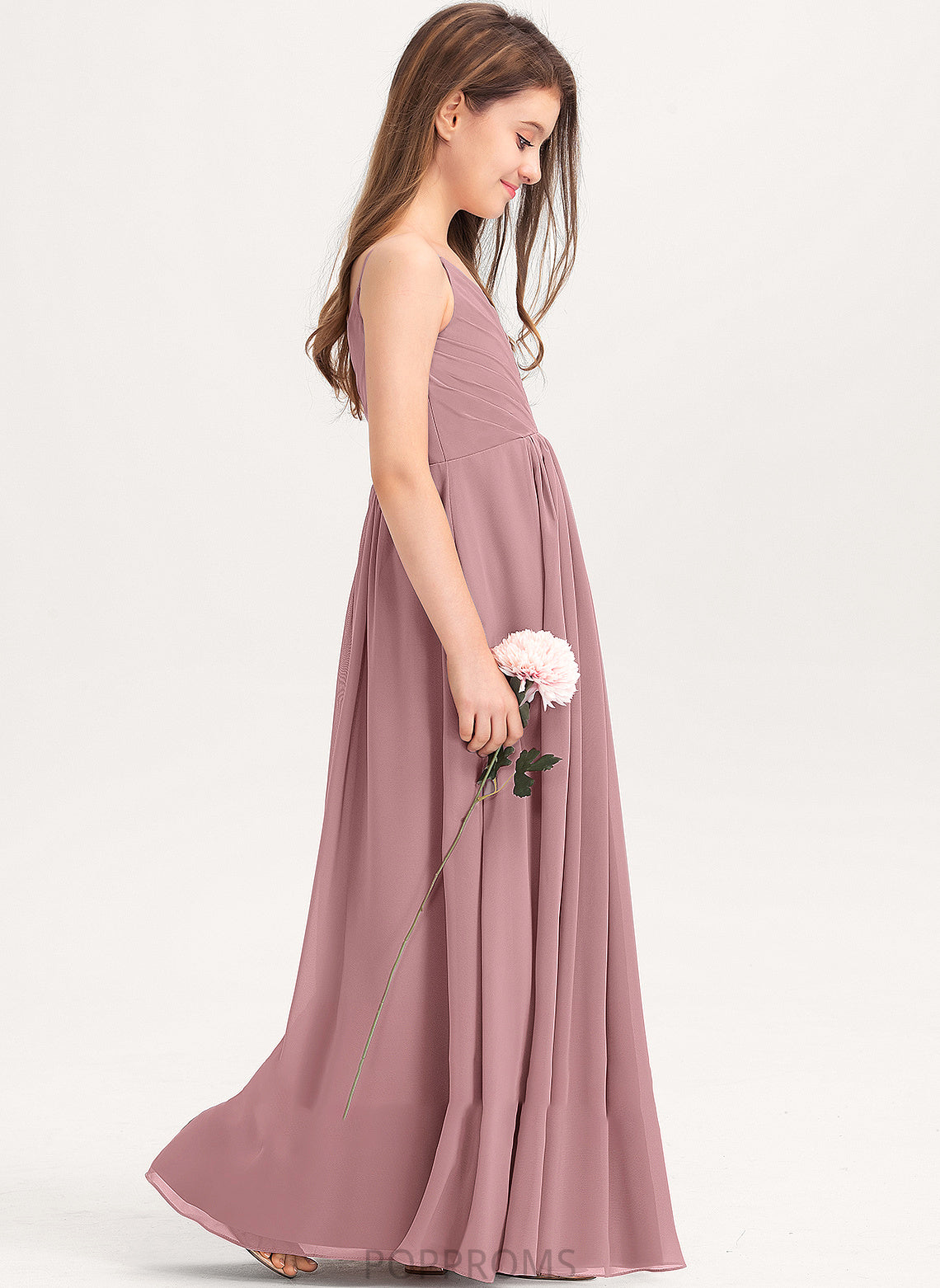 With Cassie Ruffle Chiffon A-Line Floor-Length Junior Bridesmaid Dresses V-neck