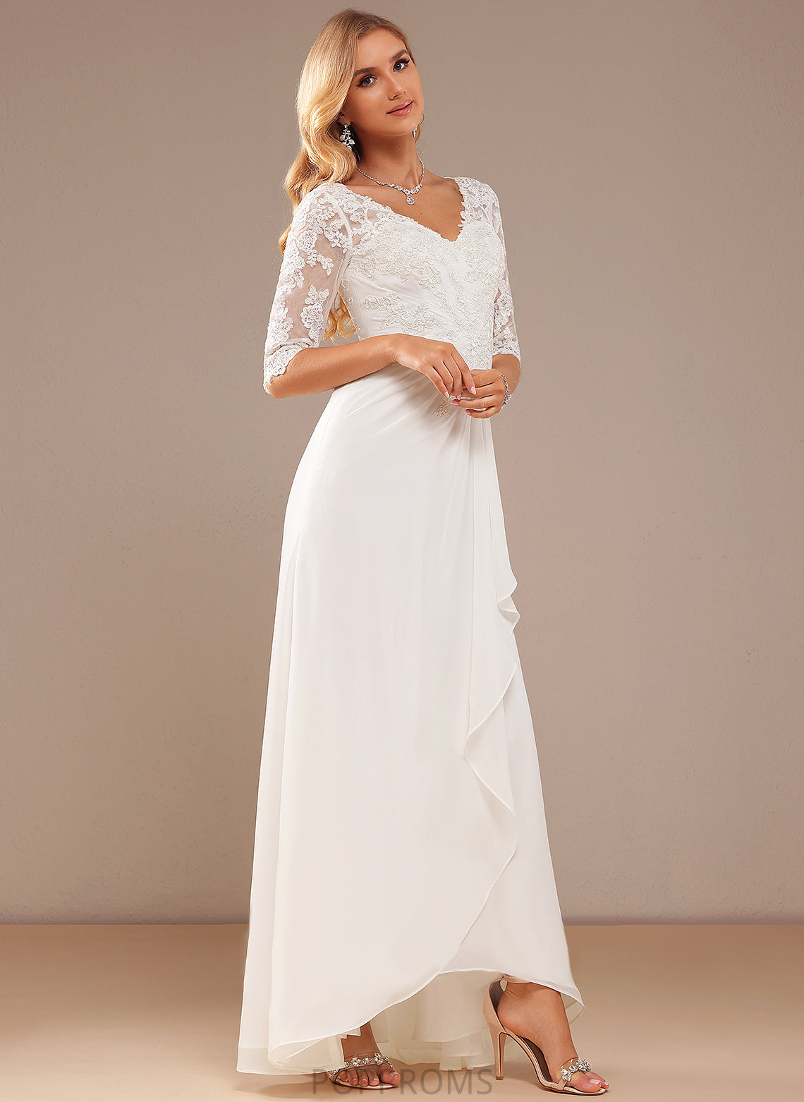 V-neck A-Line Asymmetrical With Dress Chiffon Wedding Lace Baylee Wedding Dresses Ruffle