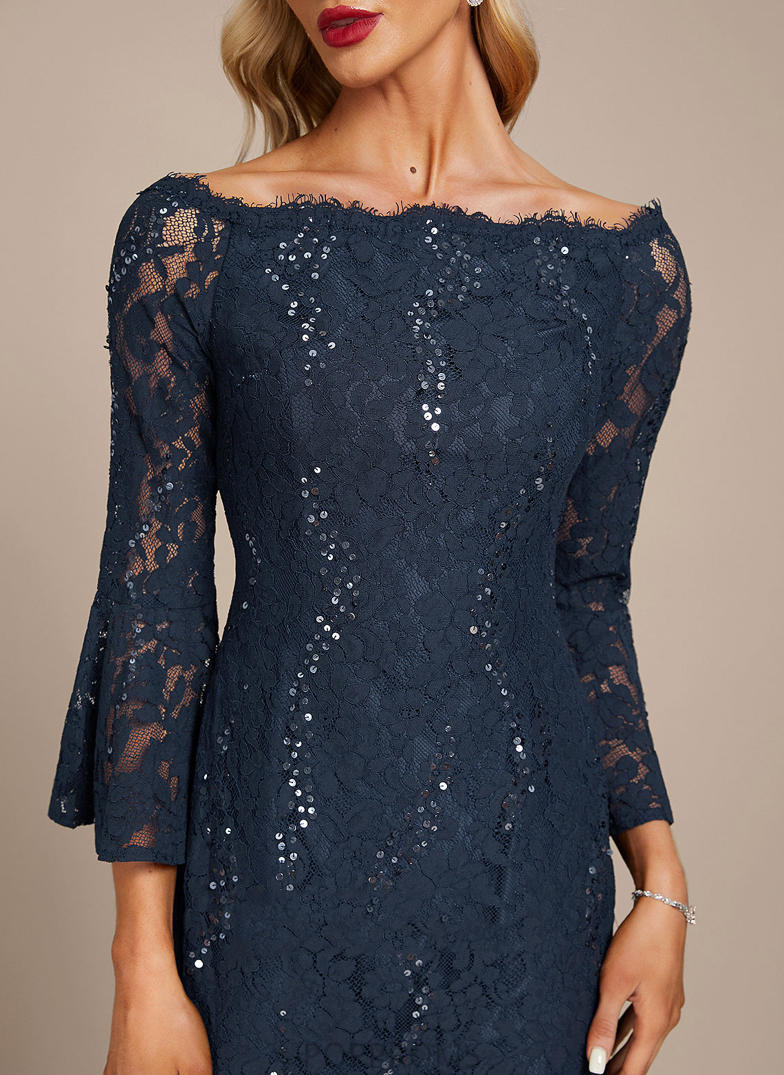 Off-the-Shoulder Cocktail Dresses Sydney Sheath/Column Dress Knee-Length Cocktail Sequins Lace With