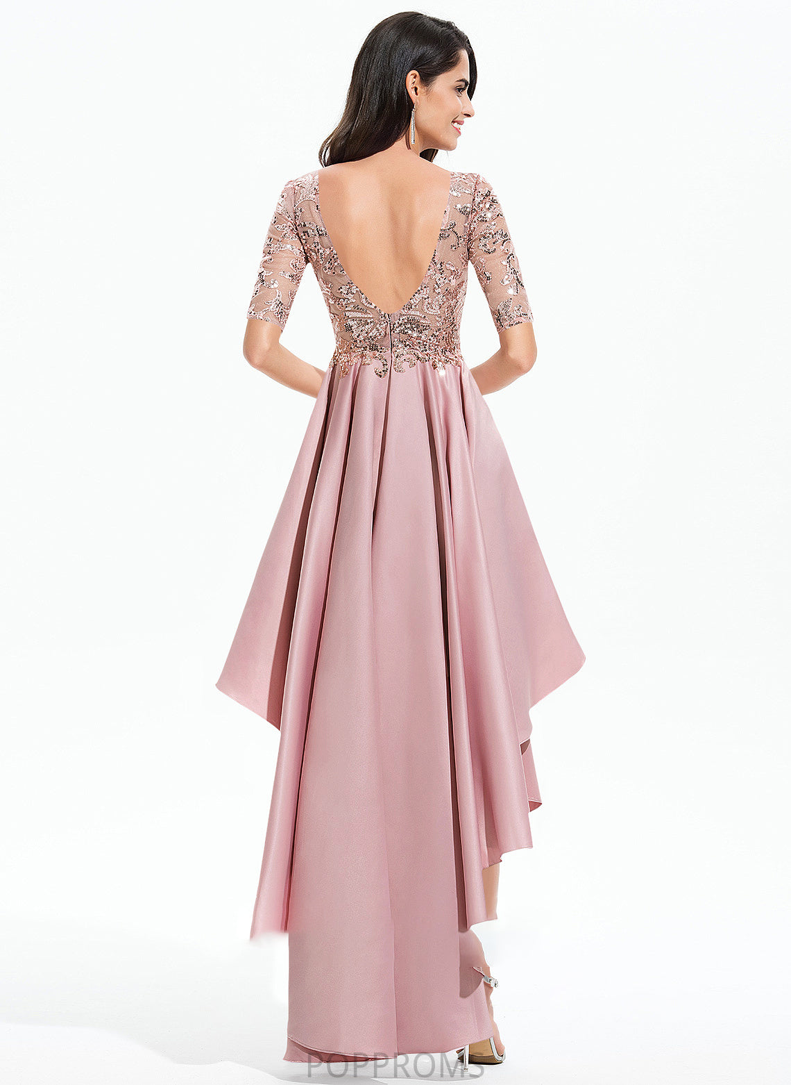 Ellie Lace A-Line Asymmetrical Sequins Satin Prom Dresses With Neck Scoop