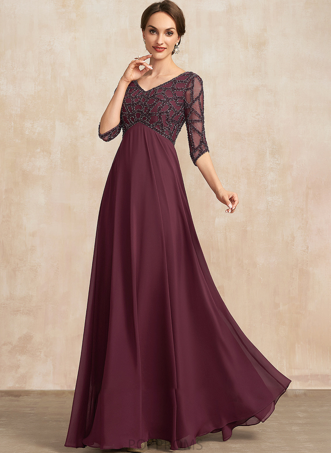 V-neck With Mother Dress Floor-Length the Chiffon Bride of Kendra Mother of the Bride Dresses Beading Empire