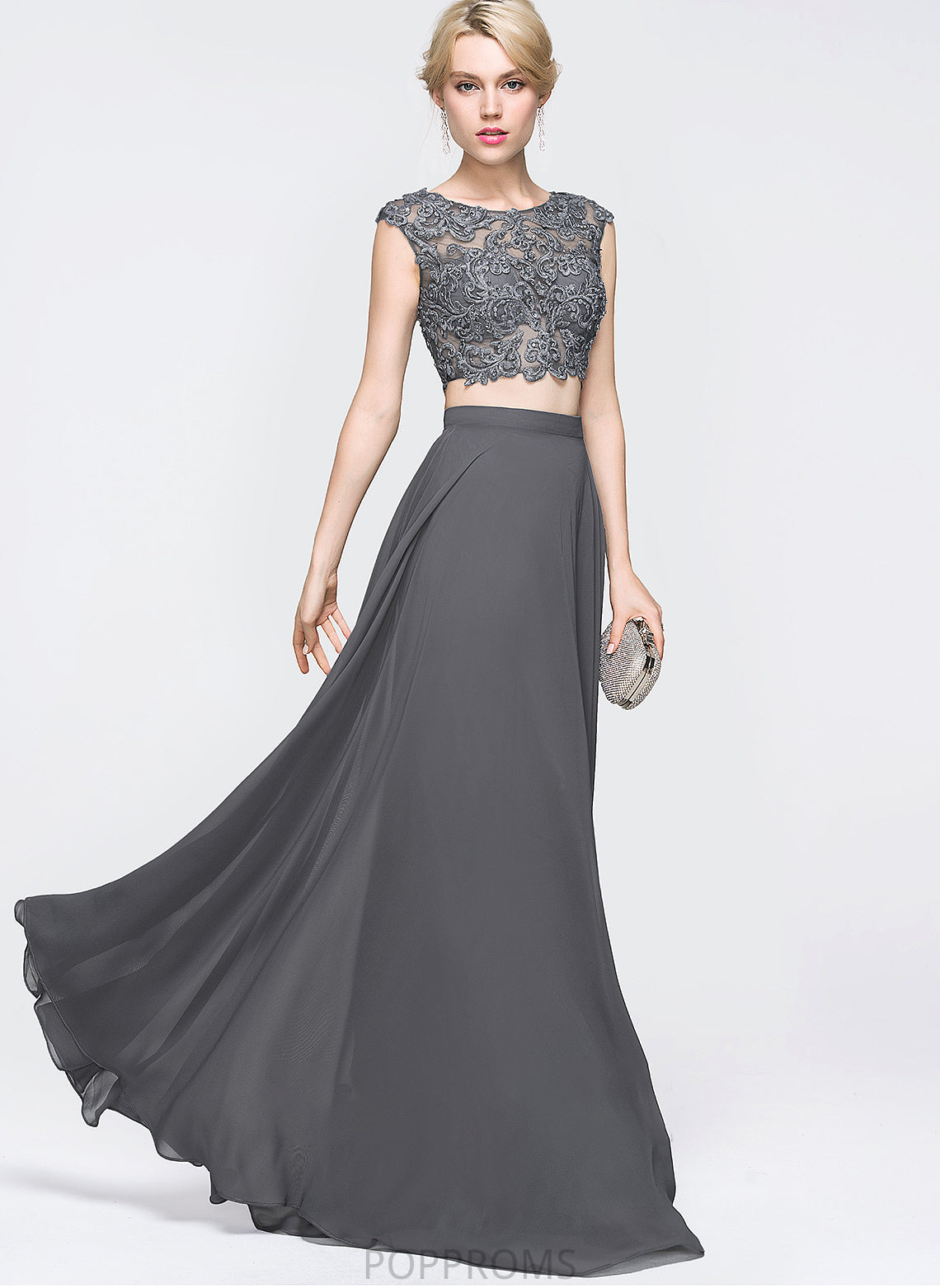 Jaelynn Chiffon Beading A-Line Floor-Length With Sequins Prom Dresses Neck Scoop