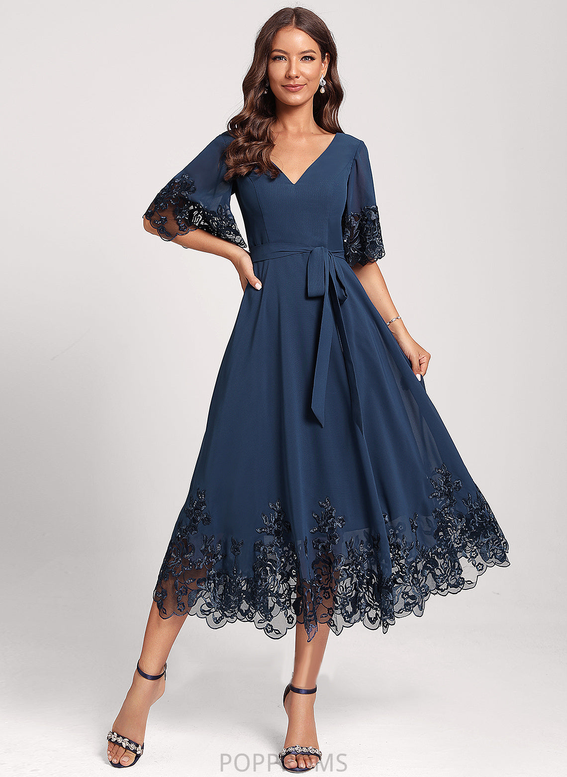 Cocktail Tea-Length Lace With Dress Sequins Club Dresses Chiffon Diya A-Line V-neck