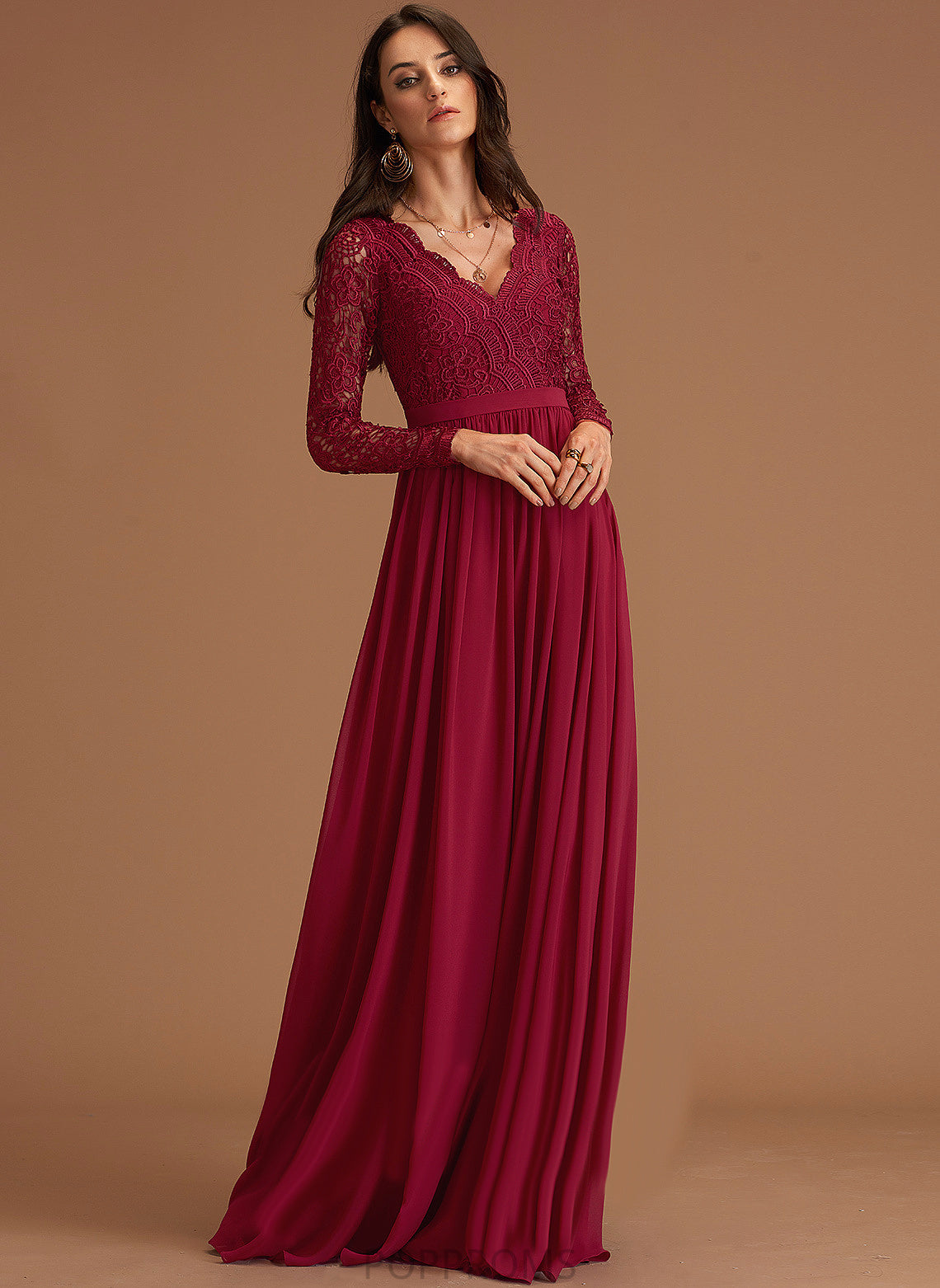 V-neck Lace Floor-Length Fabric A-Line Neckline Silhouette Length Straps&Sleeves Raegan Bridesmaid Dresses