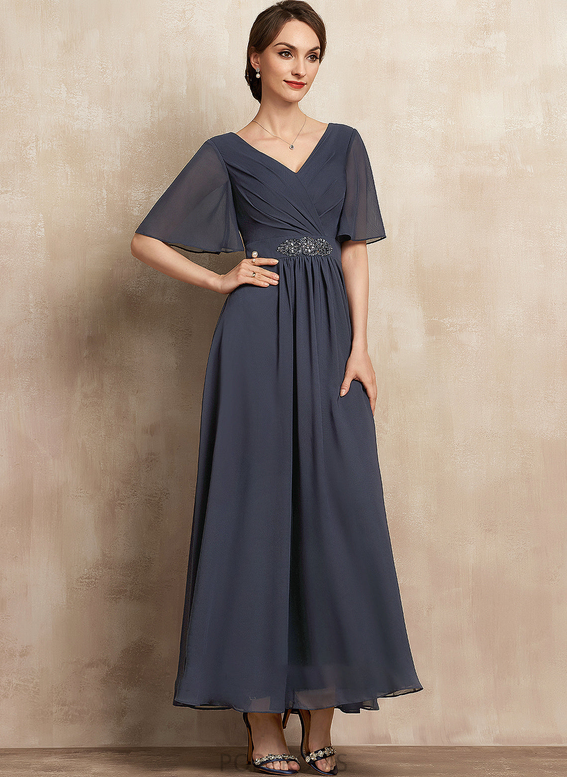 the Mother With Ankle-Length Mother of the Bride Dresses Ruffle of Dress Bride A-Line Beading Sequins Casey V-neck Chiffon