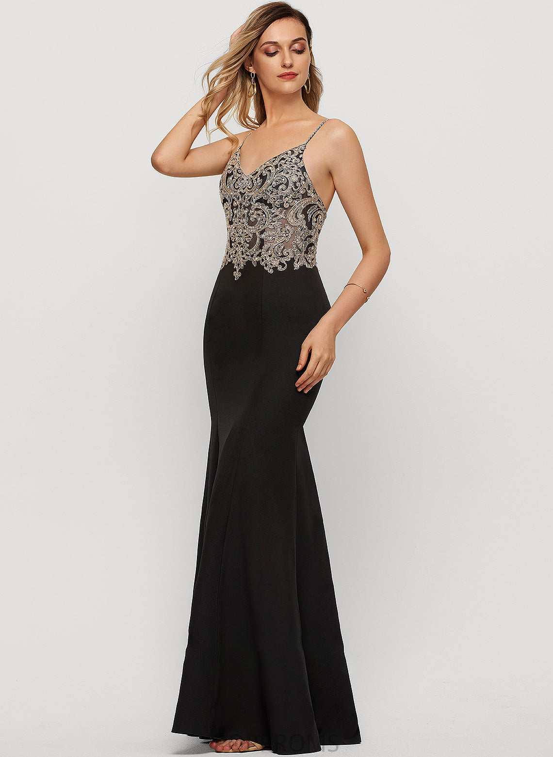 V-neck Sequins Prom Dresses Monique Beading Stretch Floor-Length With Crepe Trumpet/Mermaid