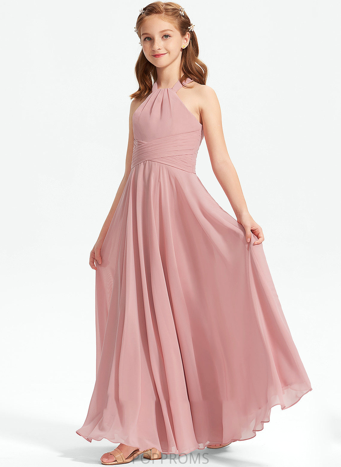 With Ruffle Chiffon Floor-Length Zaria Neckline A-Line Square Junior Bridesmaid Dresses