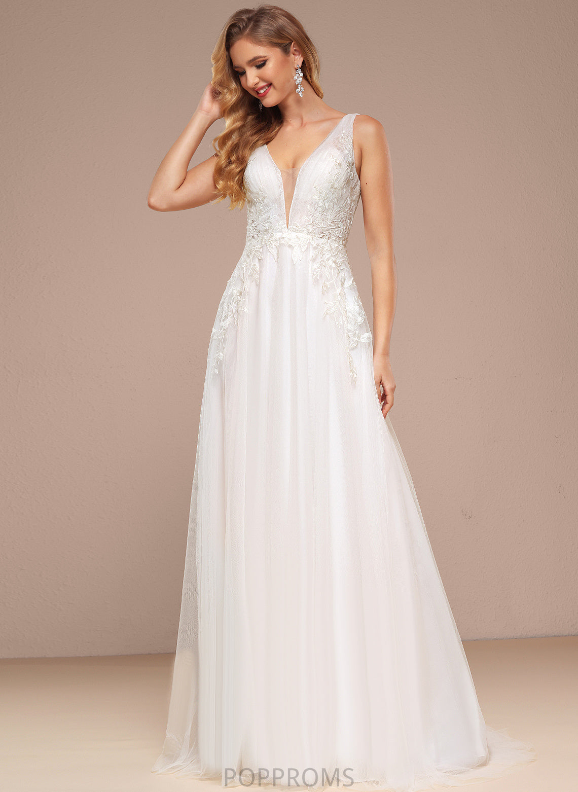 A-Line Dress Train Wedding Dresses Sweep Lace Sequins V-neck Wedding Margery With Tulle