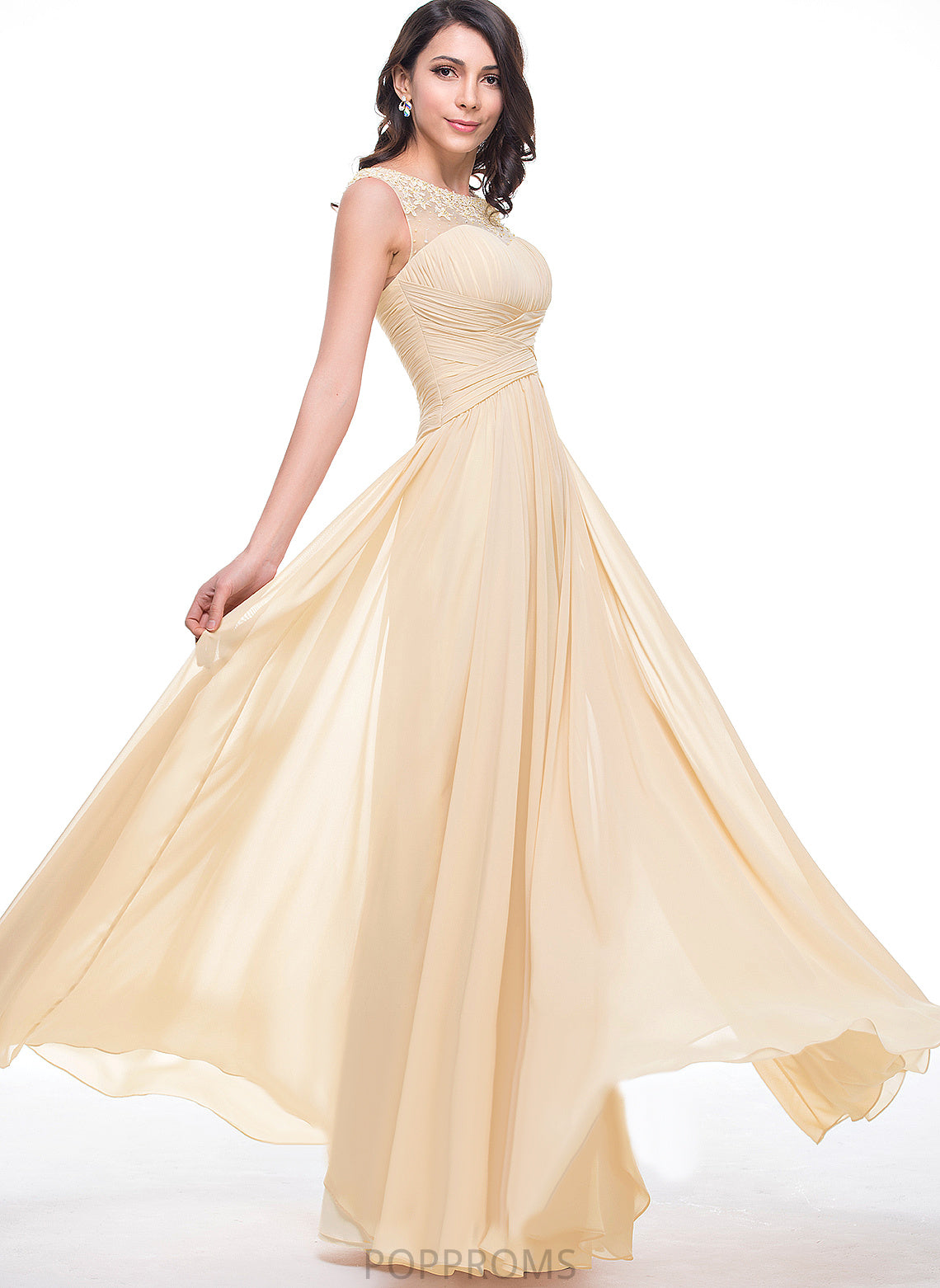 Flower(s) Ruffle With Prom Dresses Floor-Length Vivian Beading Tulle Scoop A-Line Chiffon