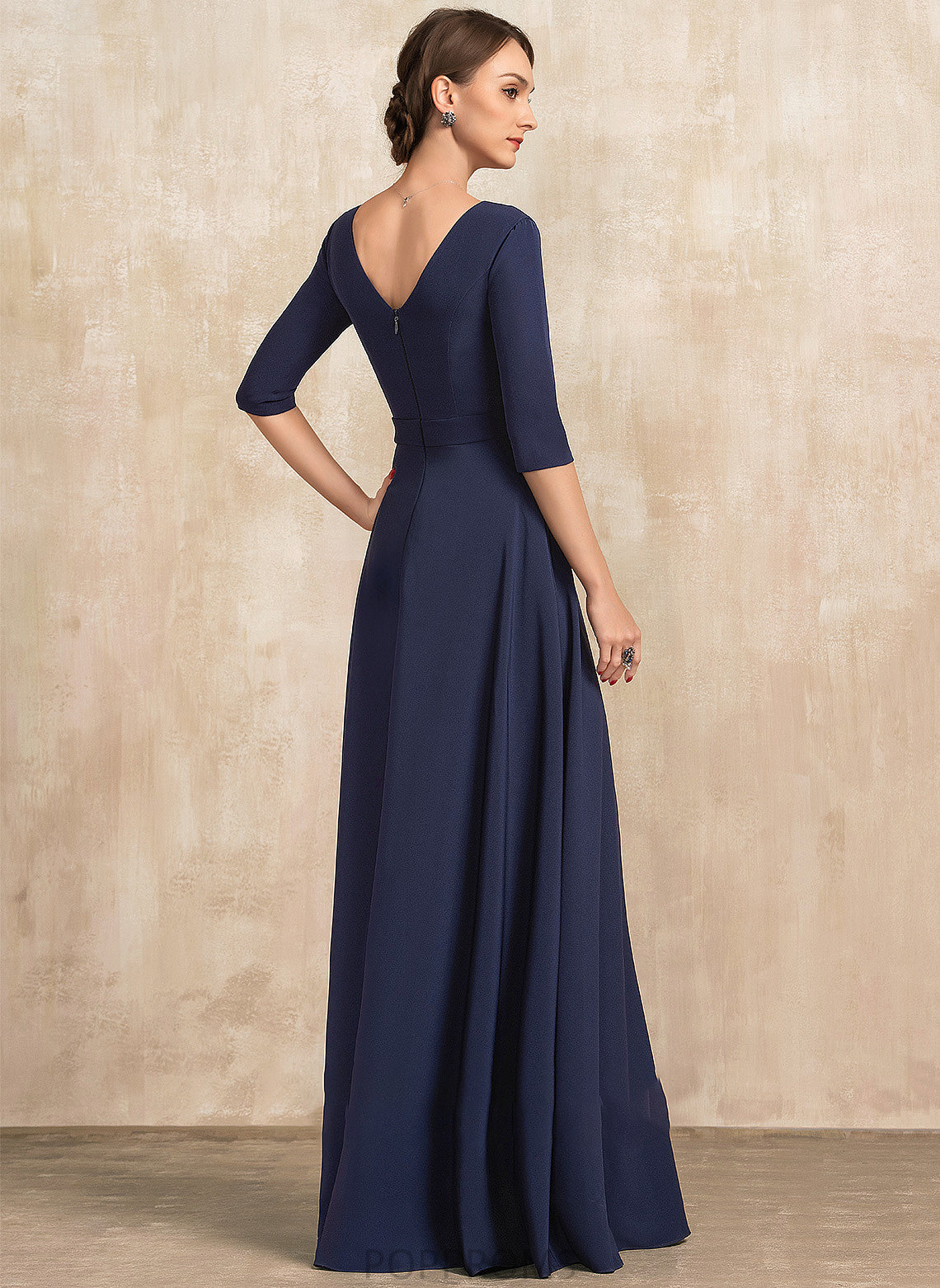 Mother of the Bride Dresses Bride With the Bow(s) V-neck A-Line of Princess Mother Dress Stretch Floor-Length Crepe