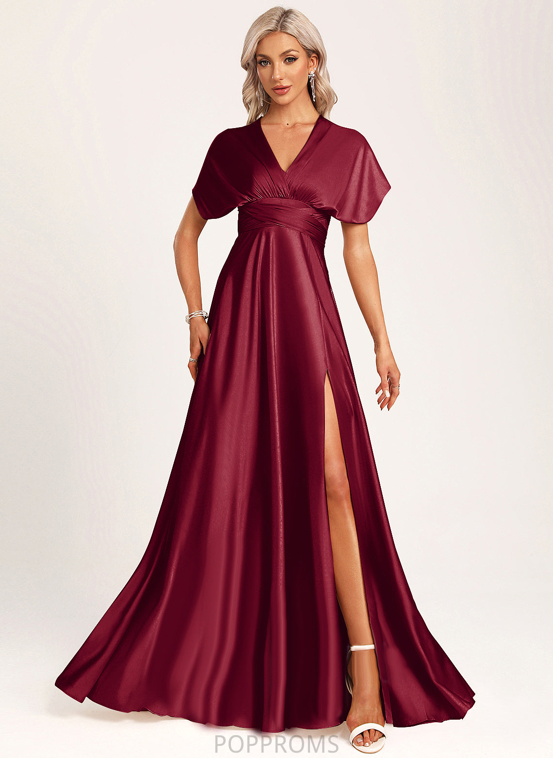 V-neck A-Line Satin One-Shoulder Length Silhouette Straps&Sleeves Halter Floor-Length Fabric Neckline Janelle Bridesmaid Dresses