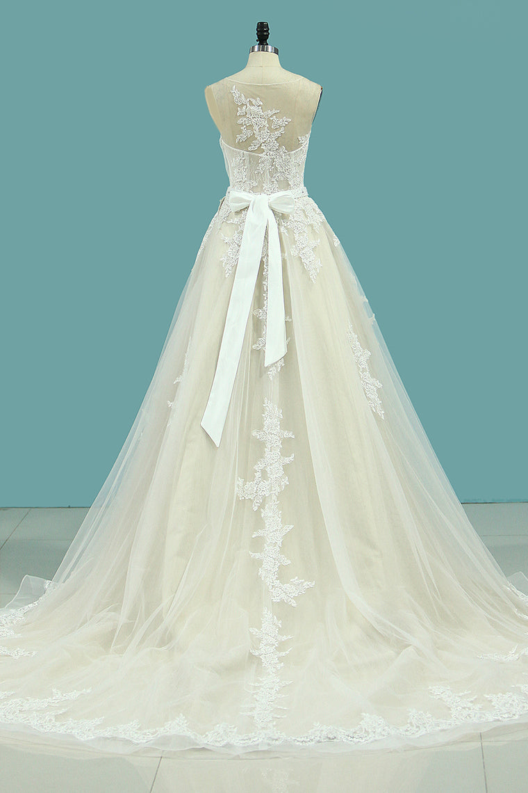 2024 Chapel Train Wedding Dresses Bateau Tulle With Applique And Sash A Line