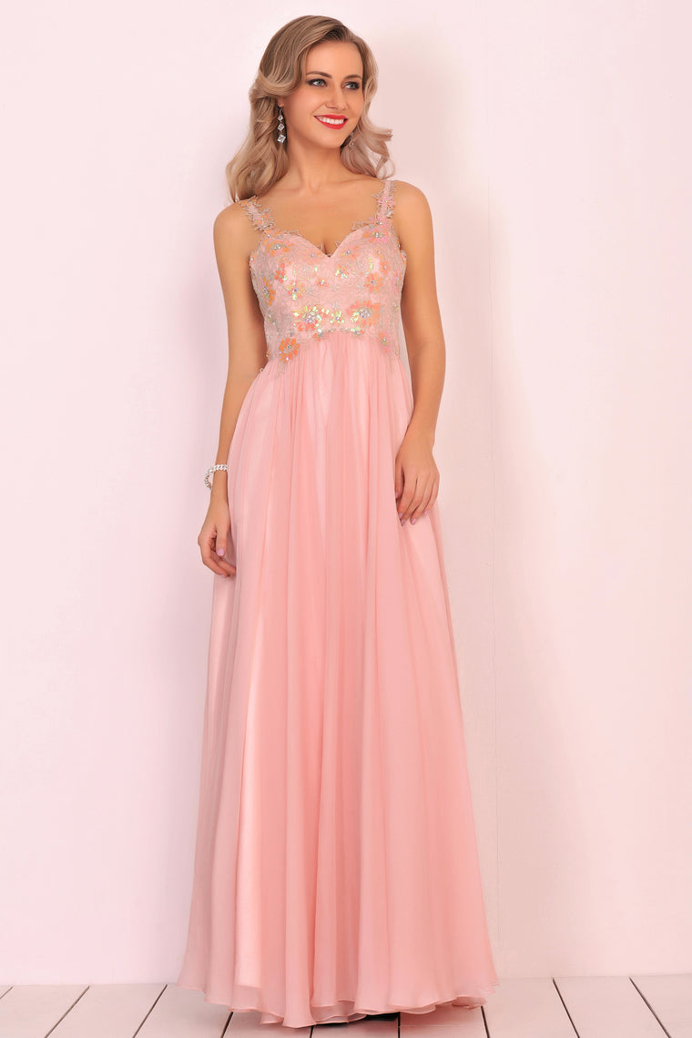 2024 A Line Spaghetti Straps Prom Dresses Chiffon With Beads And Applique