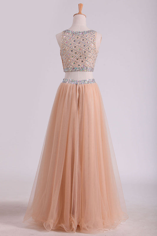 2024 Two Pieces Bateau Beaded Bodice Prom Dress A Line Tulle Floor Length