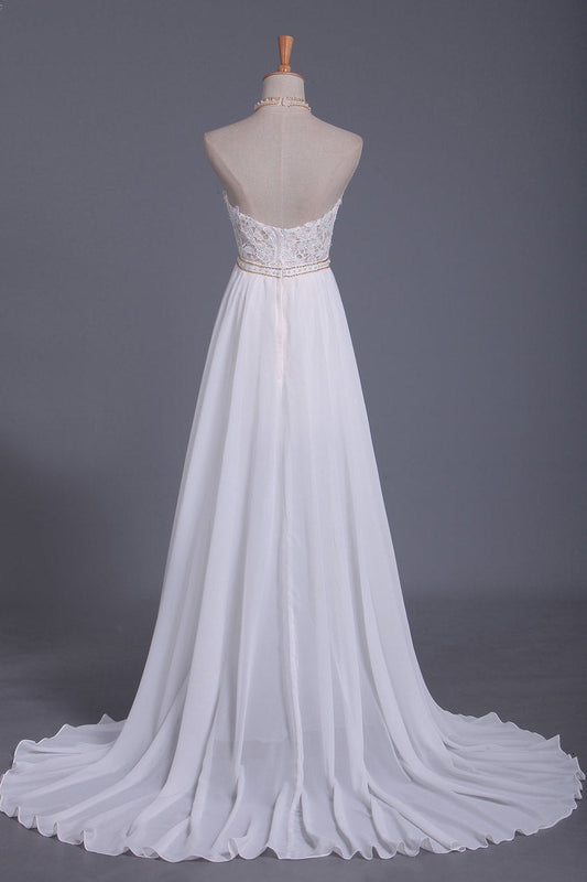 2024 Halter A Line Wedding Dresses Chiffon With Applique