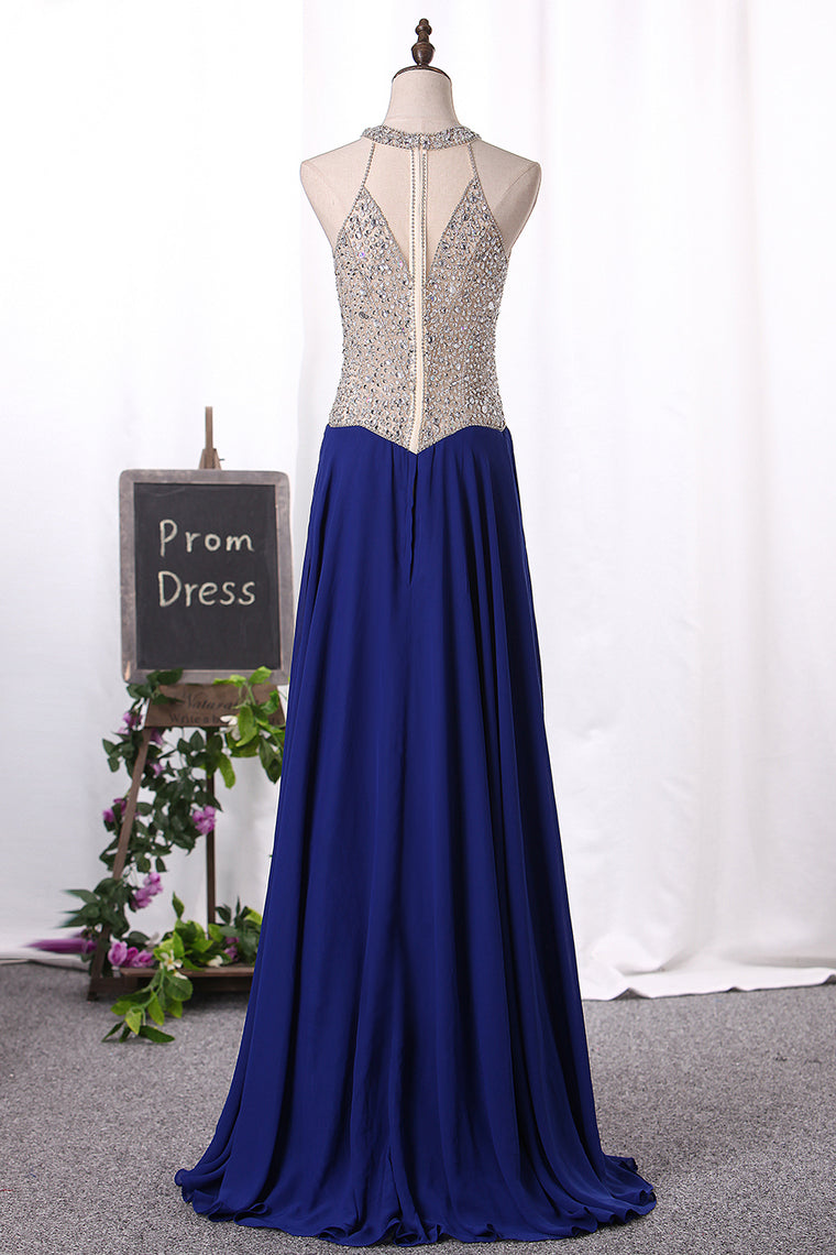 2024 Sexy Scoop-Neck A Line Prom Dresses Chiffon With Beaded Bodice Zipper Up