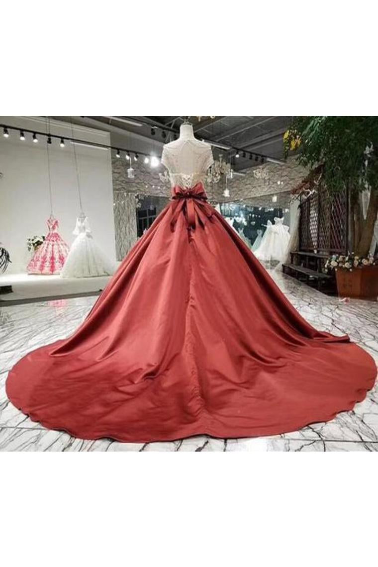 Ball Gown Satin Prom Dress With Beading, Long Formal Dresses With Short Sleeves